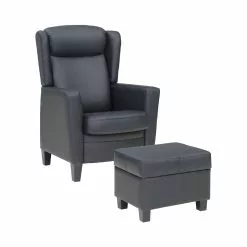 Marstal Lænestol M. Skammel, Sort Læder Og Sort Stel